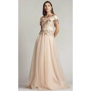 Tadashi Shoji Ruby Sequin Fringe Tulle Gown Dress